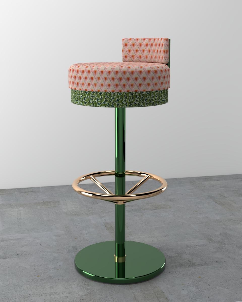 Metalwork Contemporary Gina Bar Stool in Brass, Green and Gold Velvet For Sale
