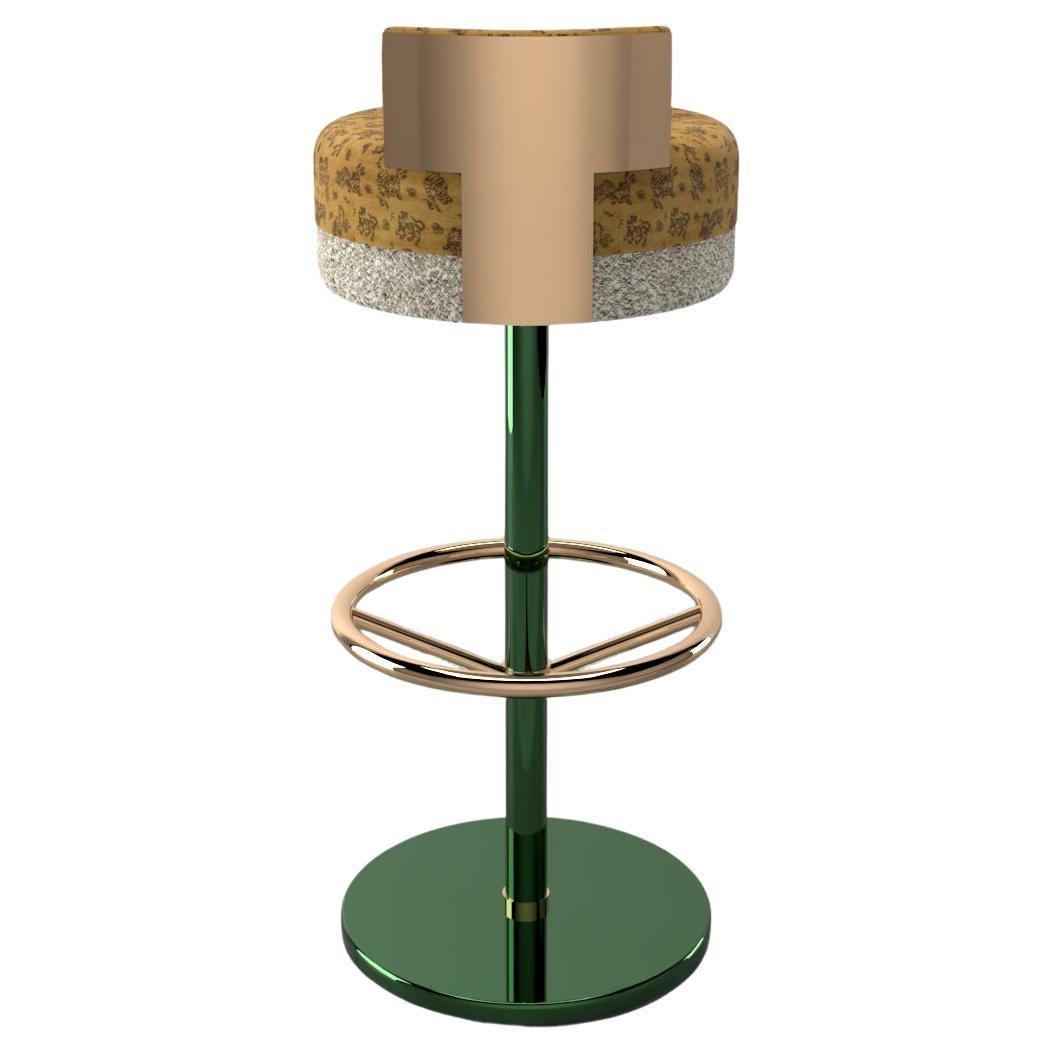 Contemporary Gina Bar Stool in Brass, Green and Gold Velvet