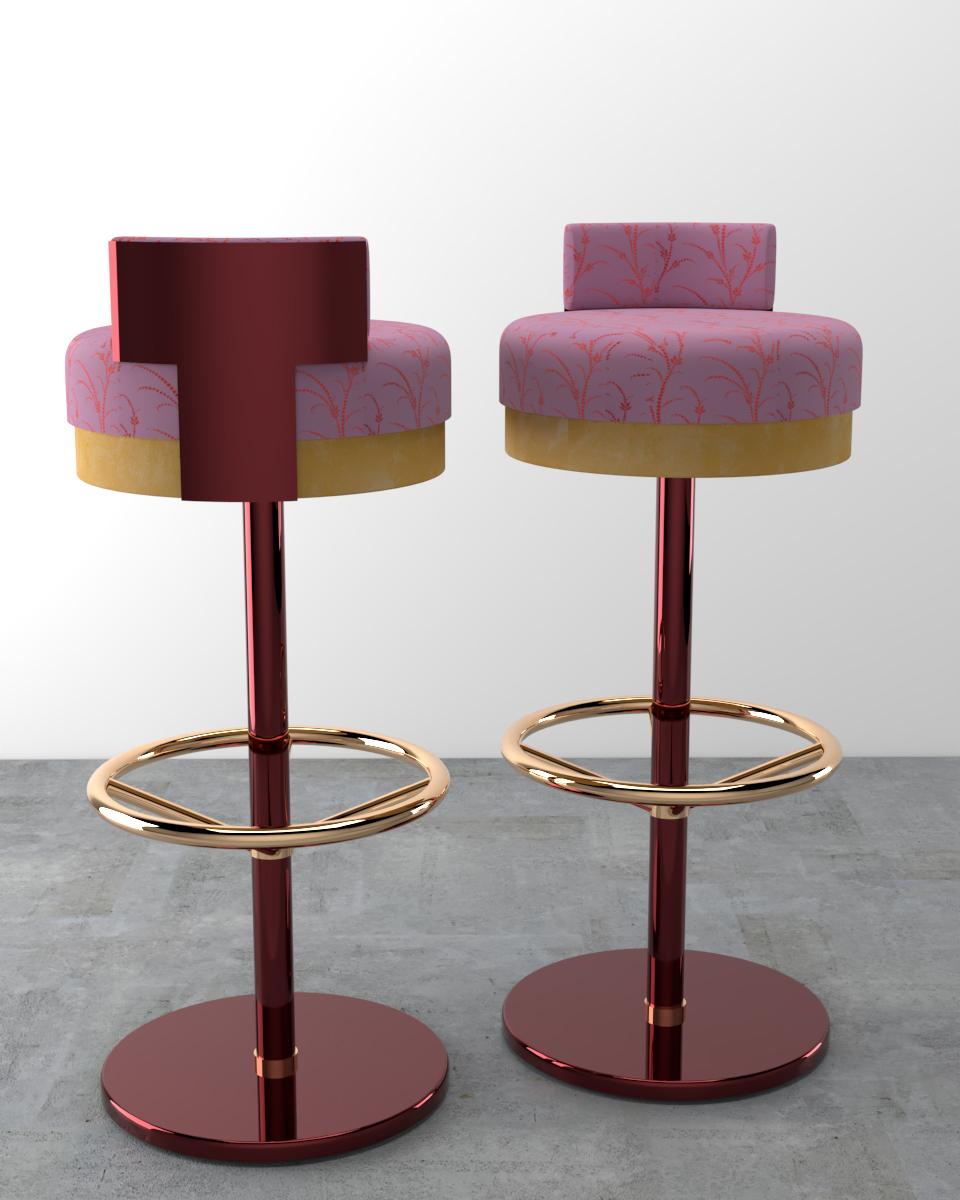 Contemporary Gina Bar Stool in Brass, Green and Pink For Sale 1