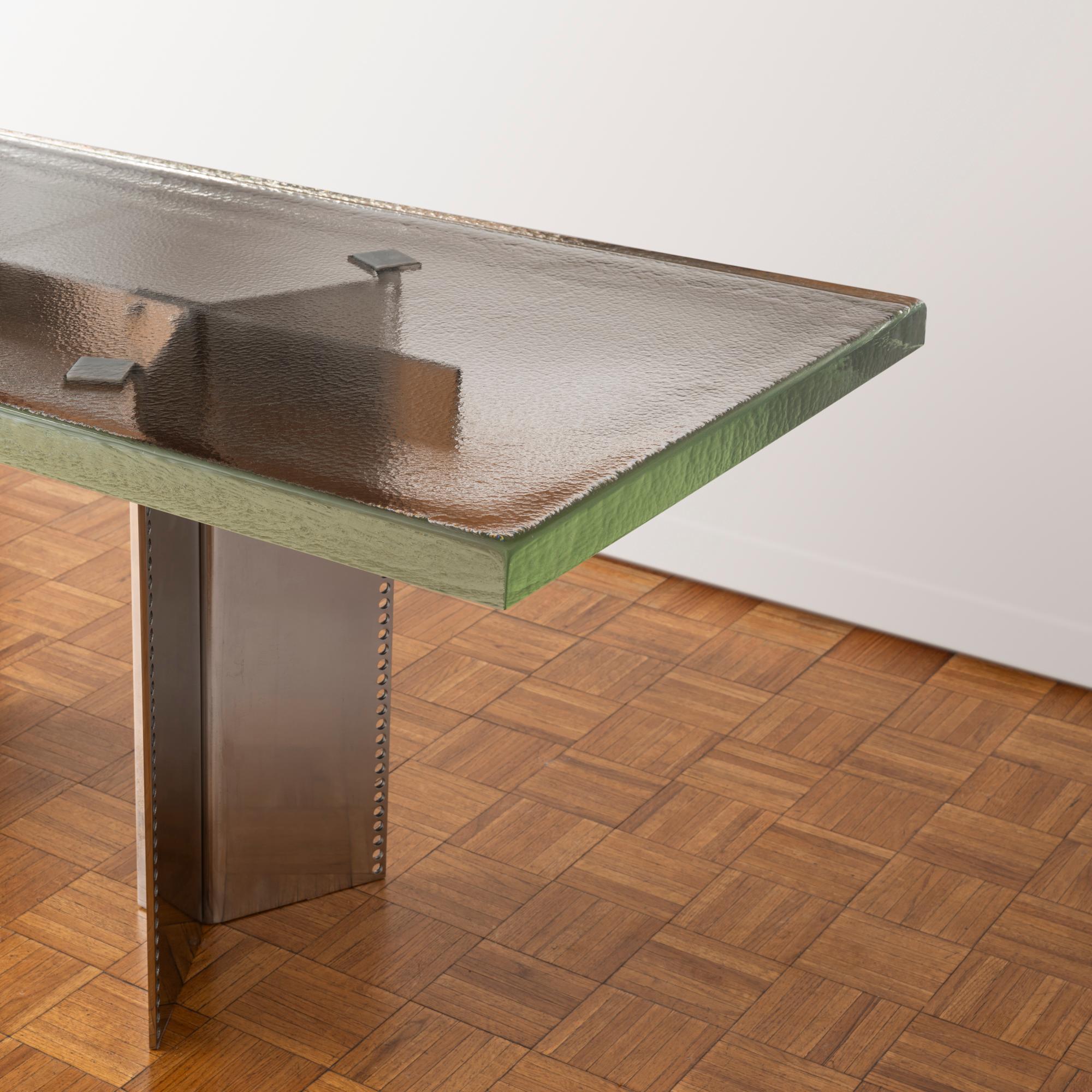 Industrial Dining Table with Cast Glass Top and Perforated Steel Base  For Sale