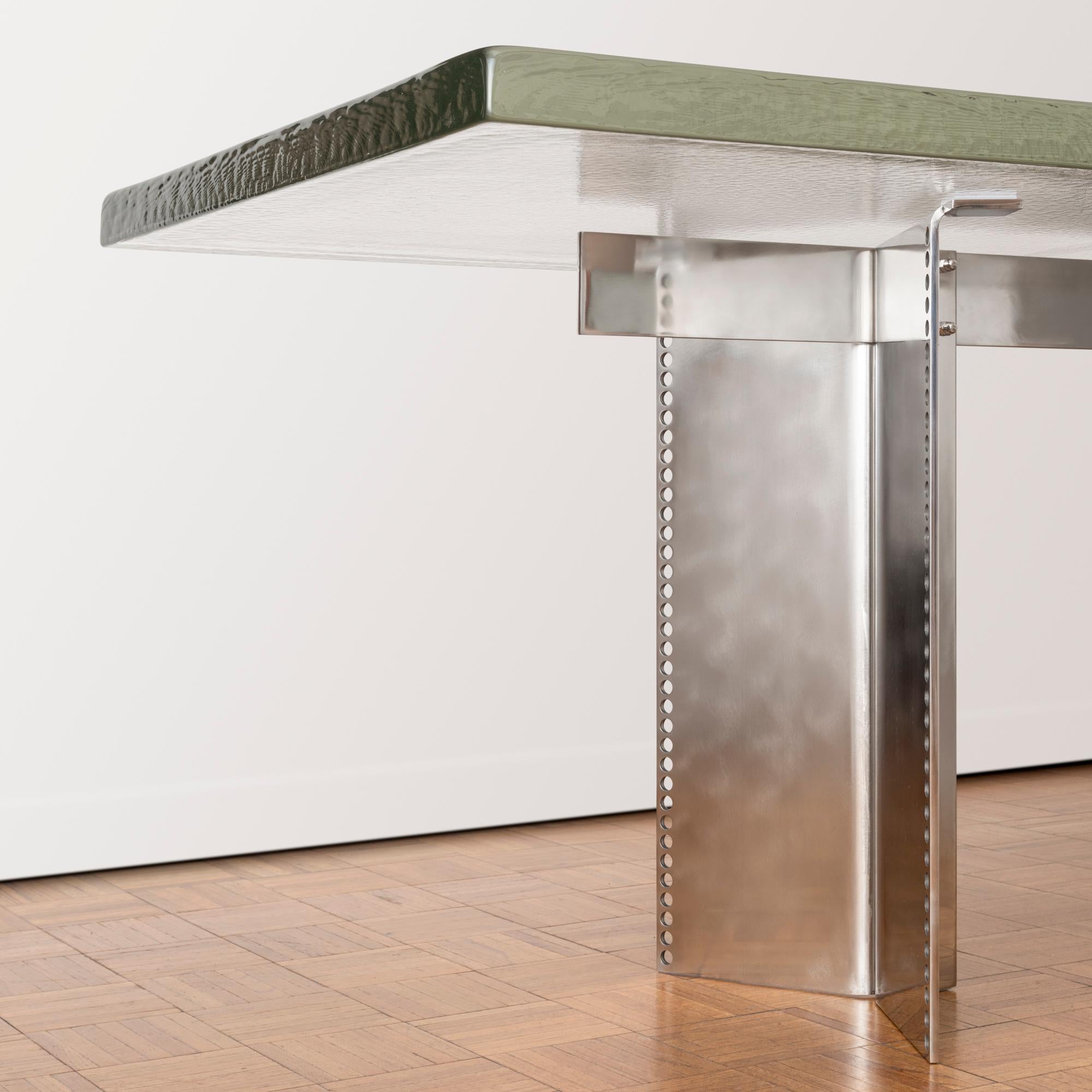 Dining Table with Cast Glass Top and Perforated Steel Base  In New Condition For Sale In New York, NY