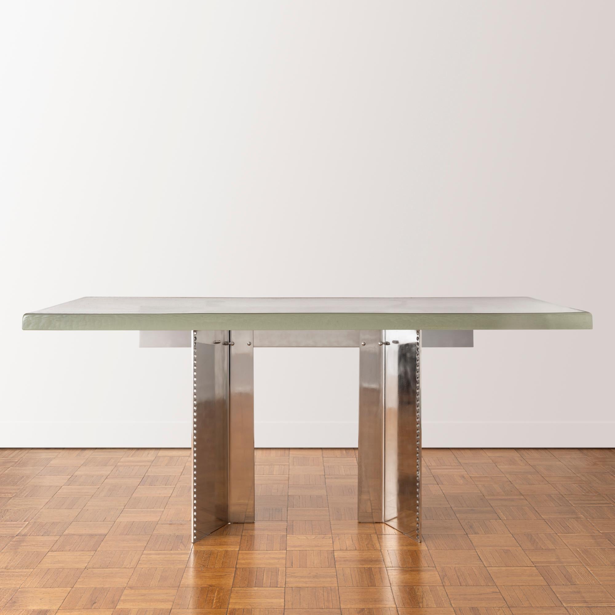 Stainless Steel Dining Table with Cast Glass Top and Perforated Steel Base  For Sale