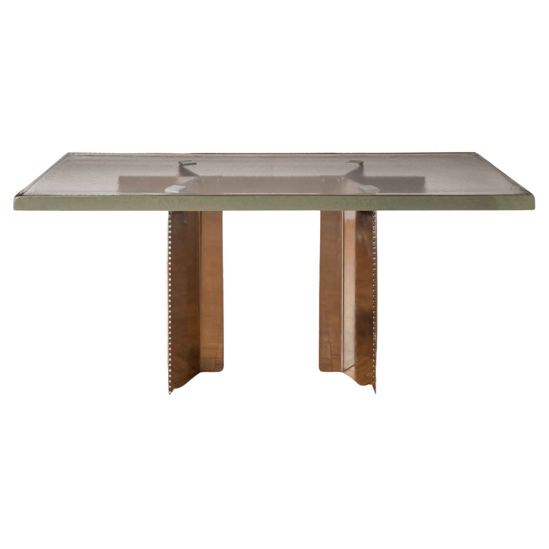 Dining Table with Cast Glass Top and Perforated Steel Base  For Sale
