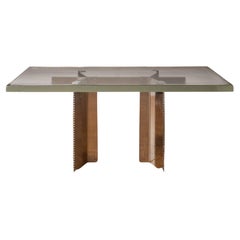Dining Table with Cast Glass Top and Perforated Steel Base