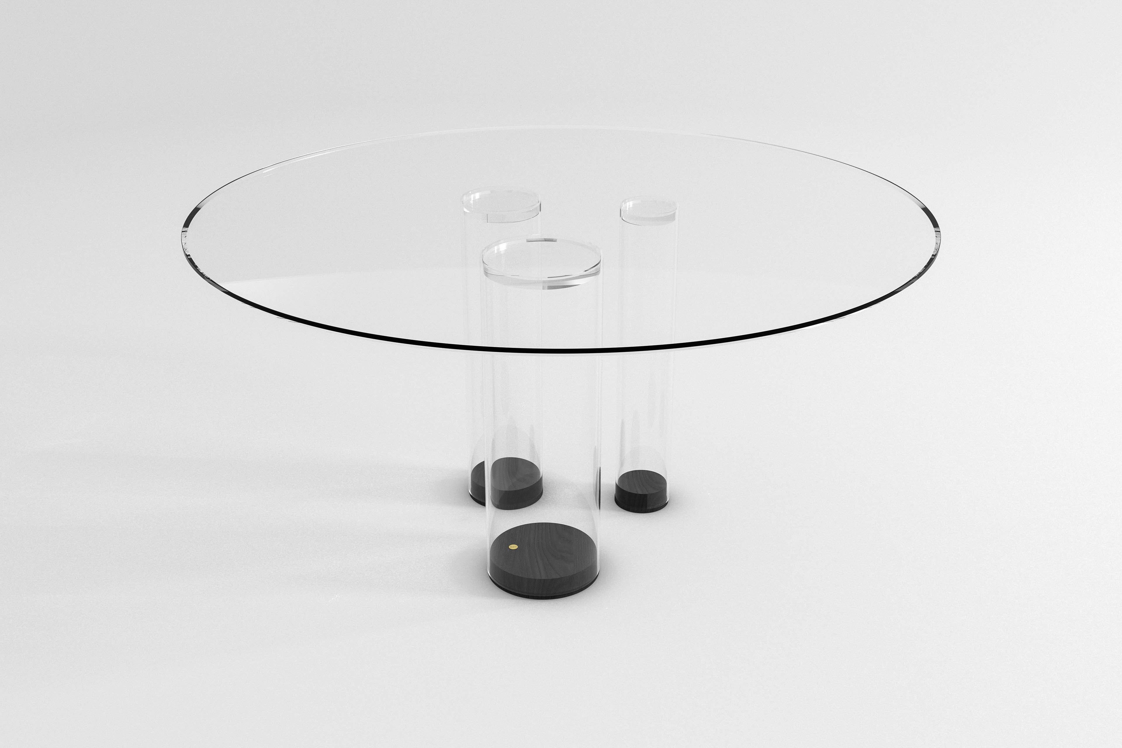 Modern Contemporary round dining table, white glass & black oak wood, Belgian design For Sale