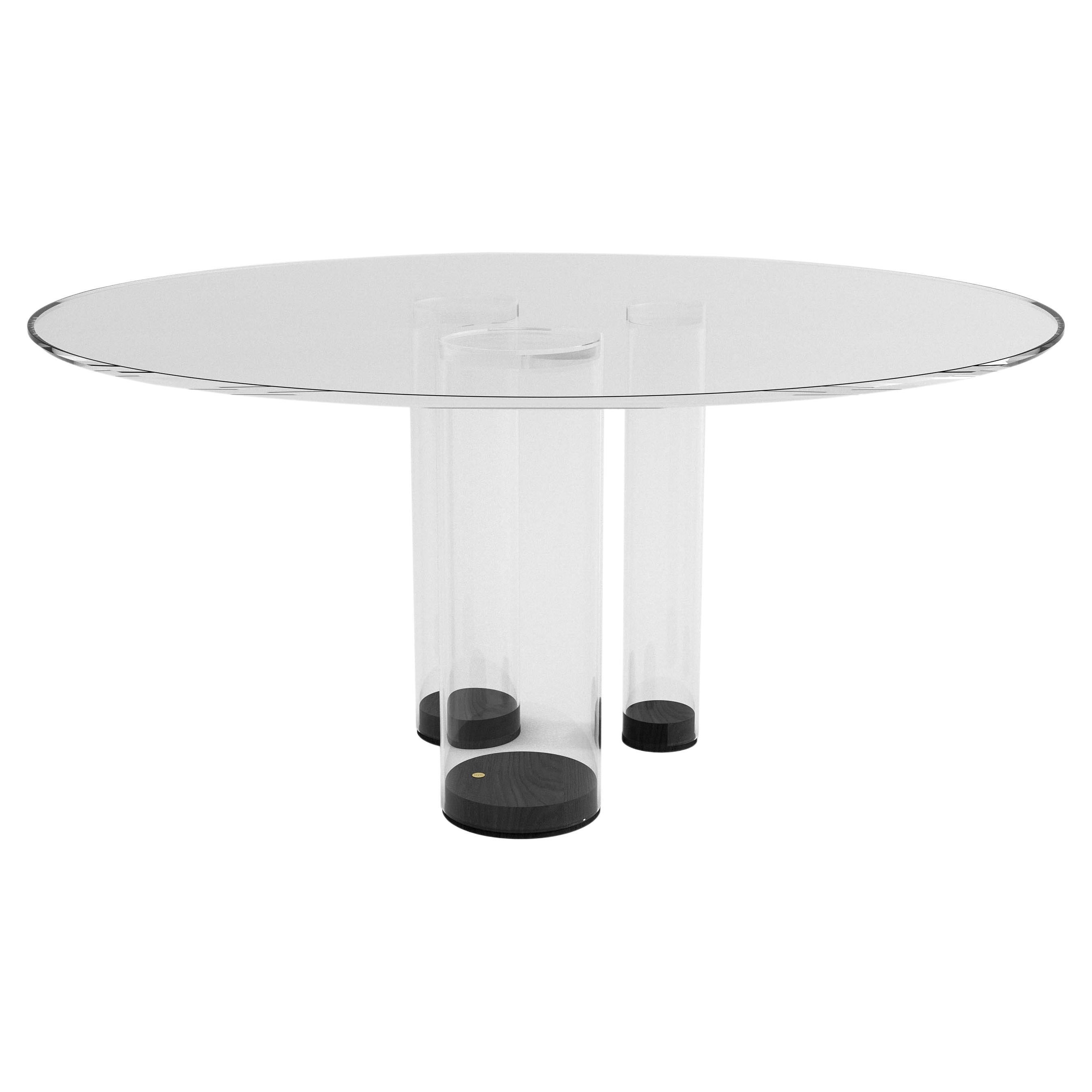 Table de salle à manger ronde contemporaine, verre blanc et bois de chêne noir, design belge