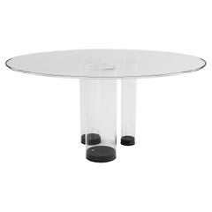 Contemporary round dining table, white glass & black oak wood, Belgian design