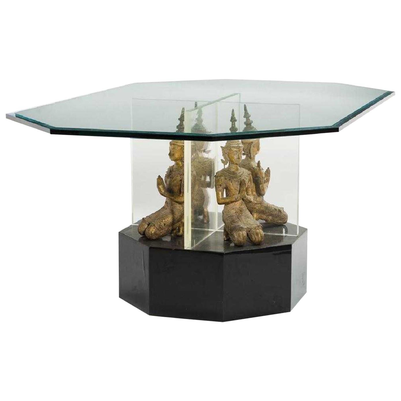 Contemporary Glass Center Table with Thai Buddas