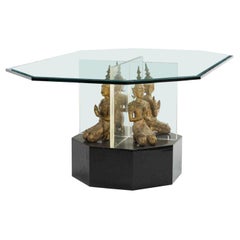 Vintage Contemporary Glass Center Table with Thai Buddas