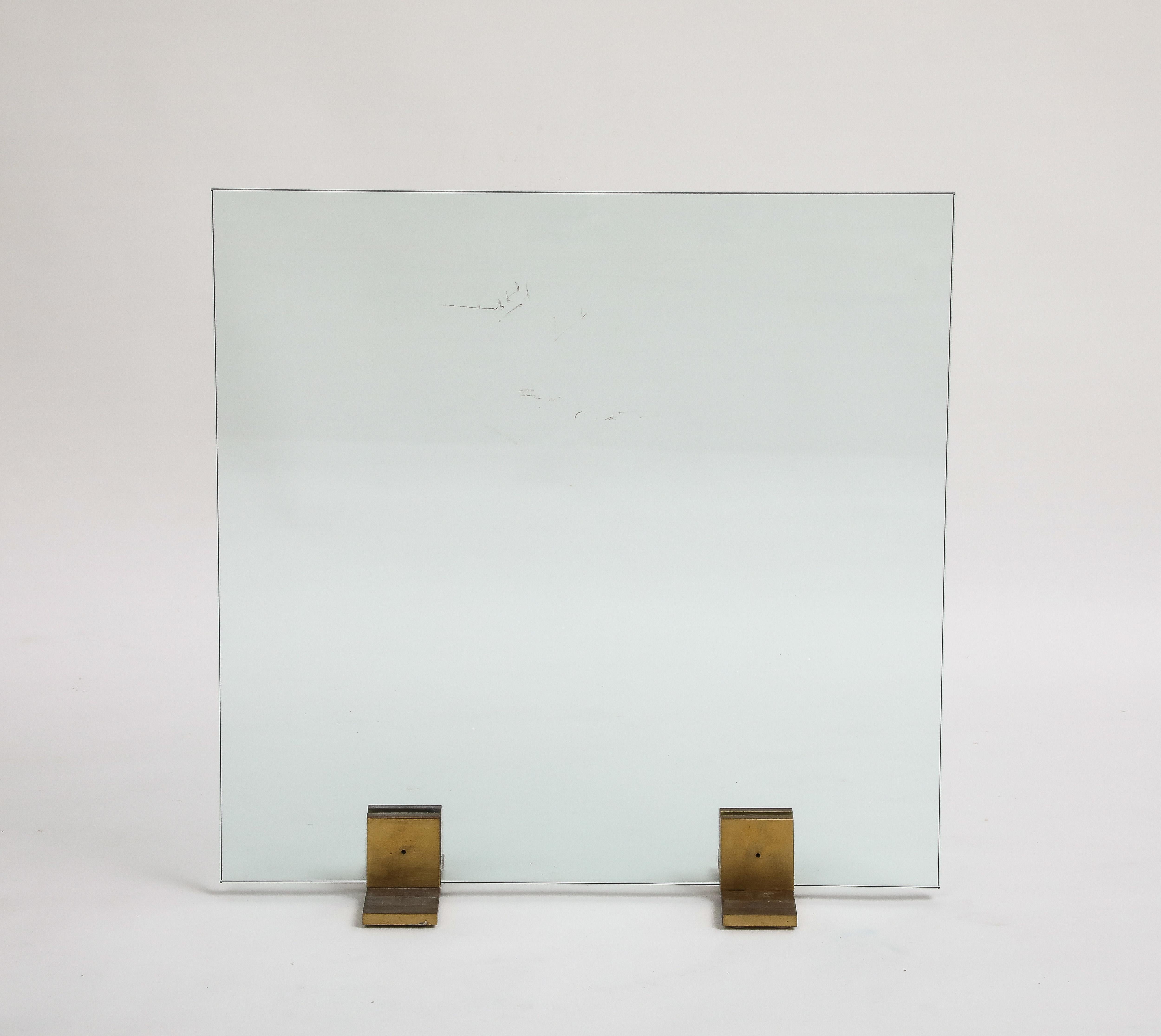 Modern Contemporary Glass Firescreen with Bronze Feet For Sale