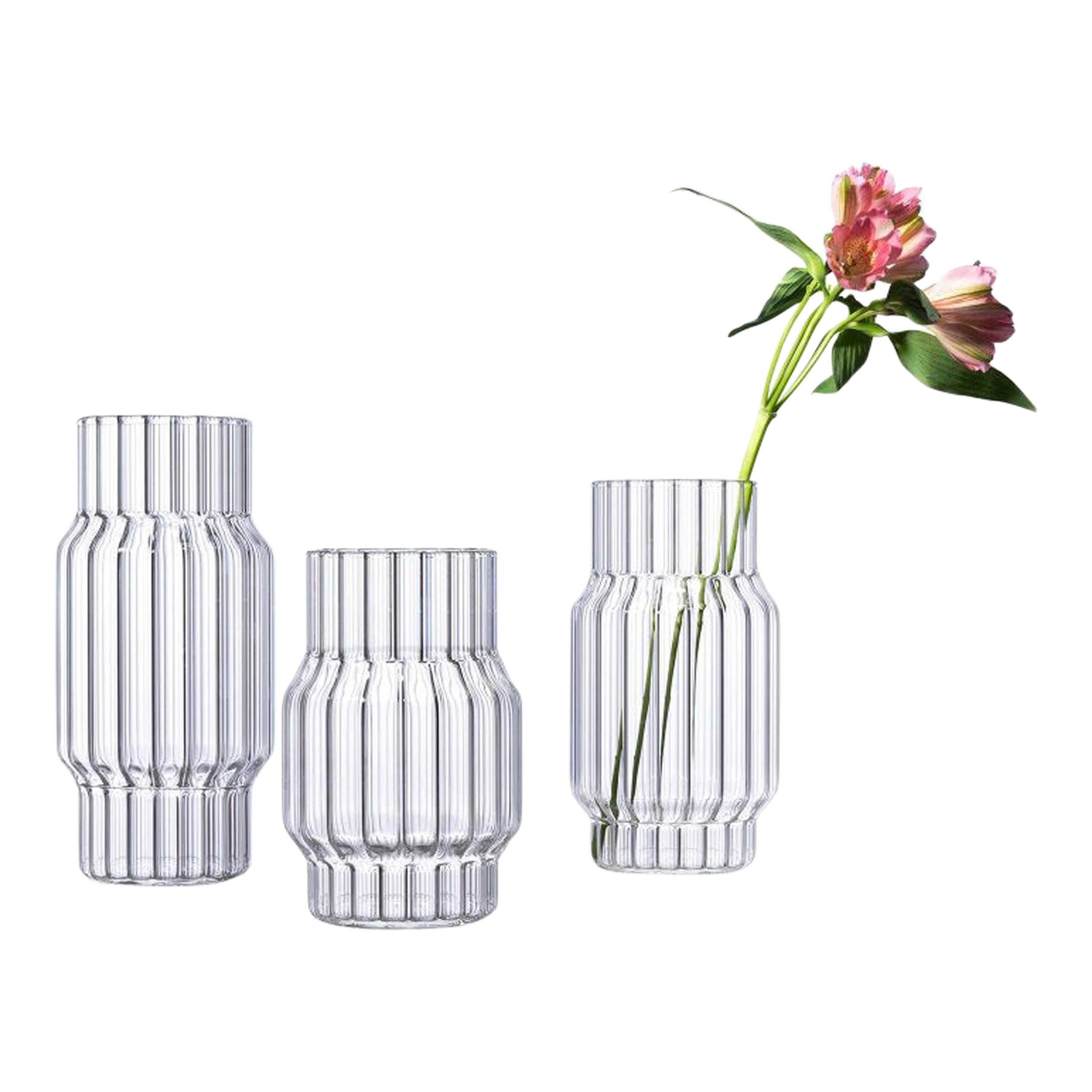 Contemporary Glass Fluted Albany Vase Set, 3 Vases, in Stock in EU