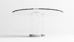 Tavolo da pranzo rotondo contemporaneo, vetro bianco e marmo Calacatta, design belga