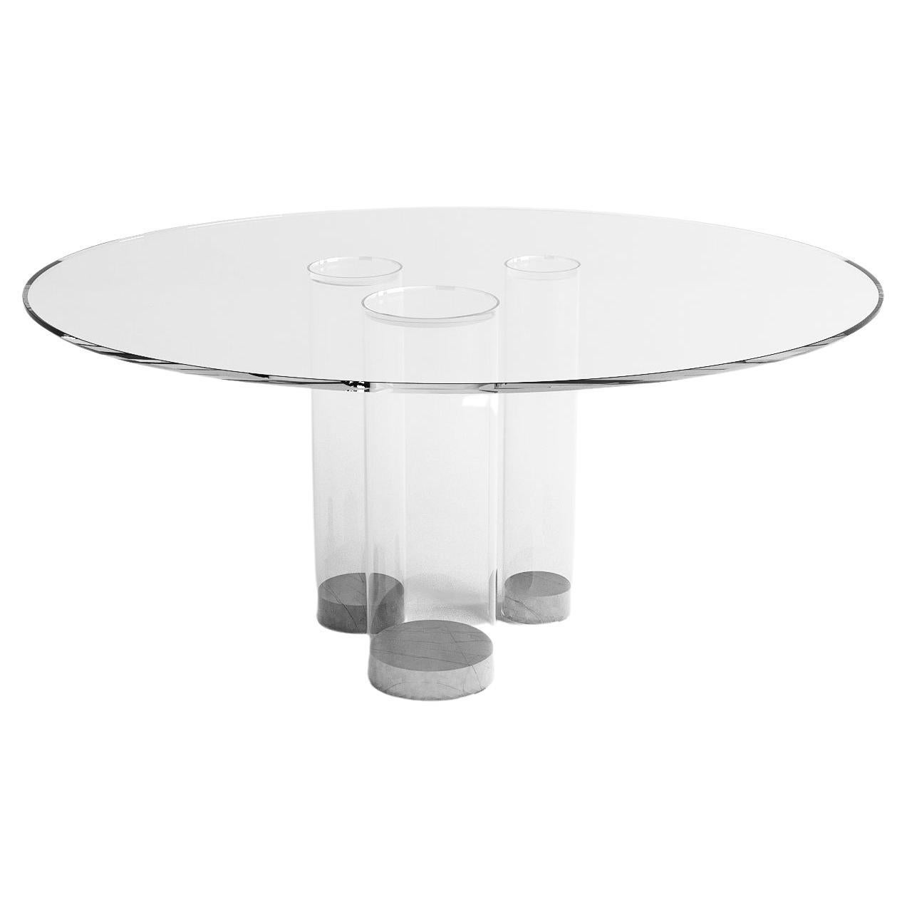 Table de salle à manger ronde contemporaine, verre blanc et marbre Calacatta, design belge