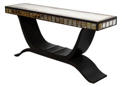 Contemporary Glass Mosaic W/ Gold Speckled Design Top & Ornate Wood Base Console