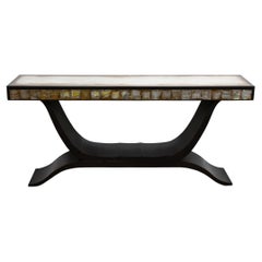 Contemporary Glass Mosaic W/ Gold Speckled Design Top & Ornate Wood Base Console