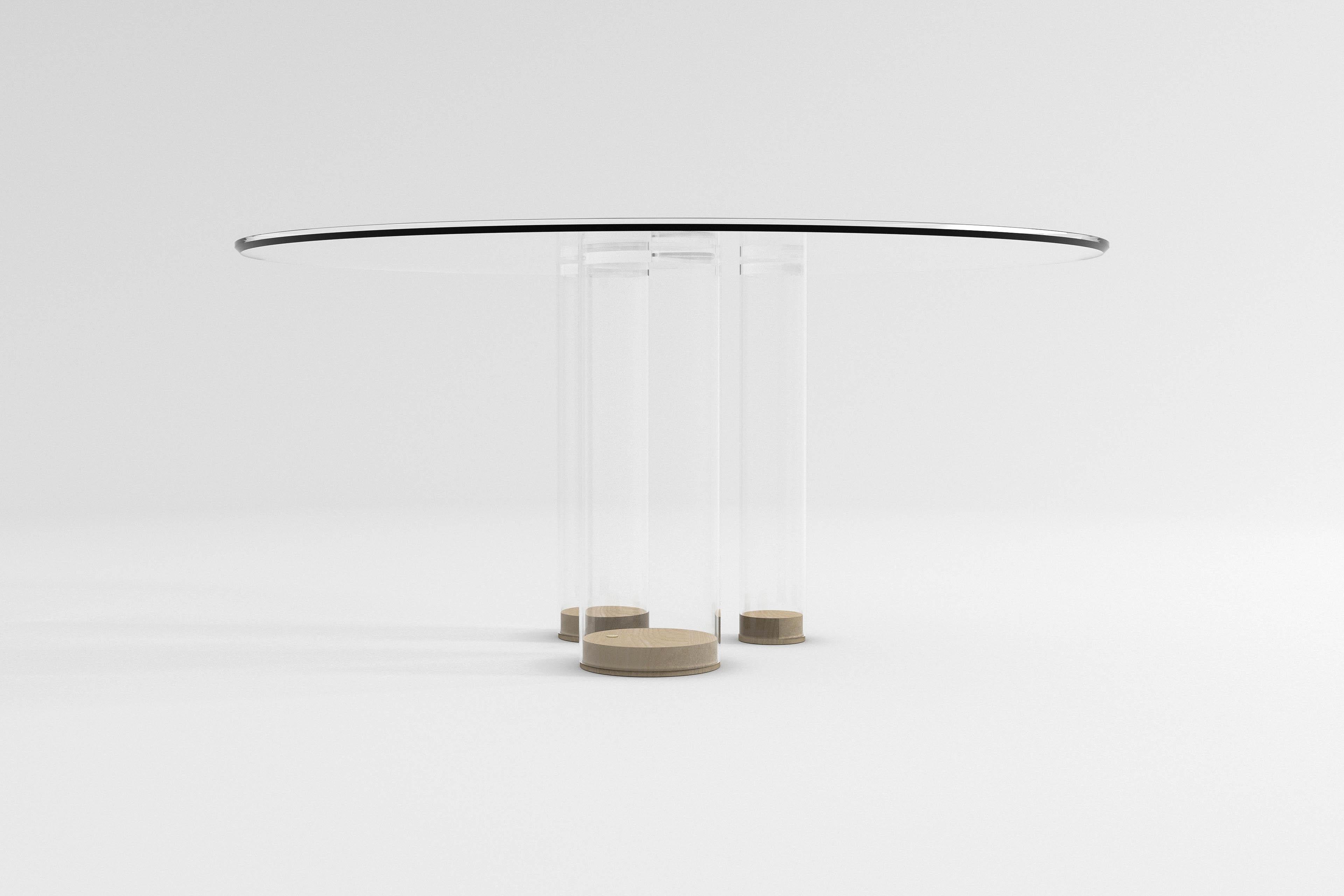 Zeitgenössischer runder Esstisch, weißes Glas und natürliches Eichenholz, belgisches Design (Belgisch) im Angebot
