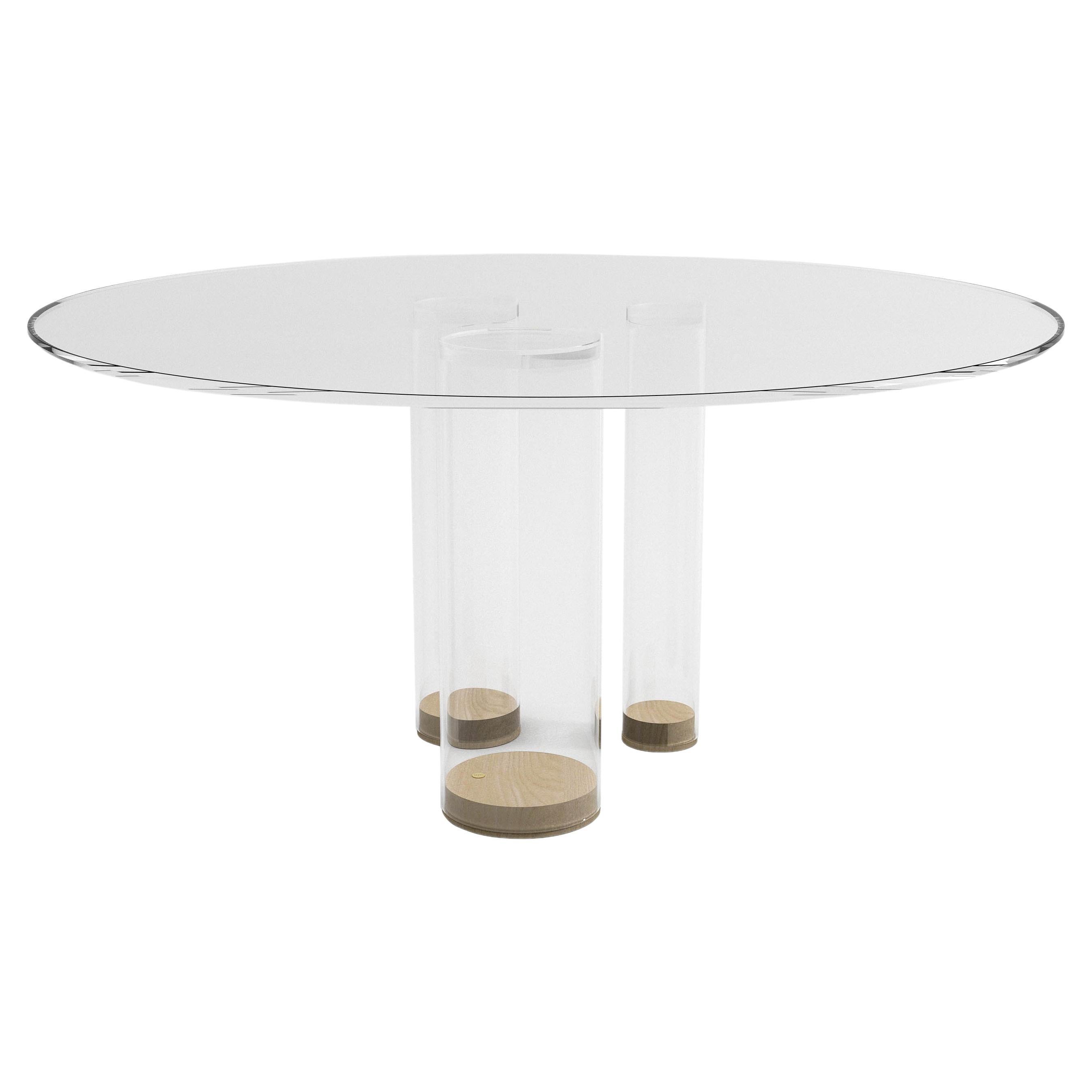 Zeitgenössischer runder Esstisch, weißes Glas und natürliches Eichenholz, belgisches Design