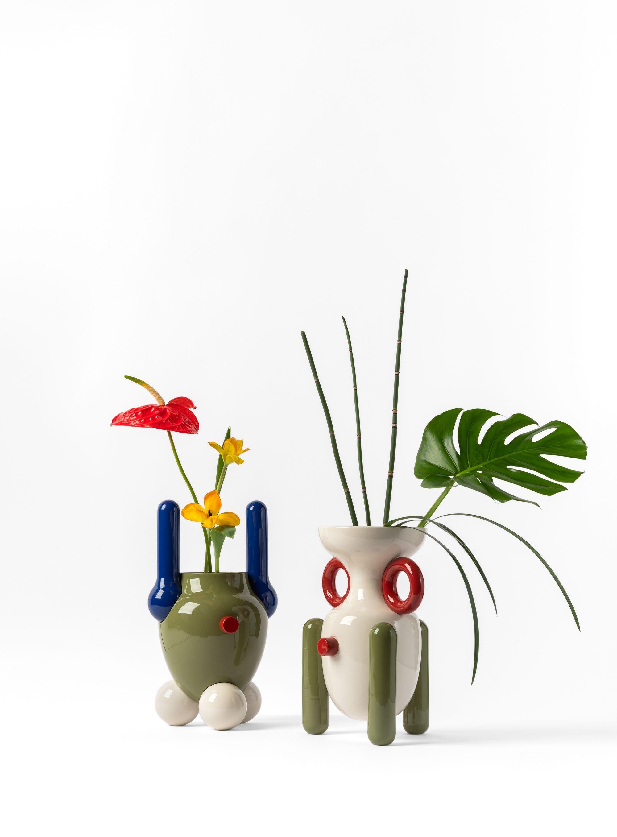 Modern Contemporary Glazed Ceramic Explorer Vase No.2 by Jaime Haydon white, red, green For Sale