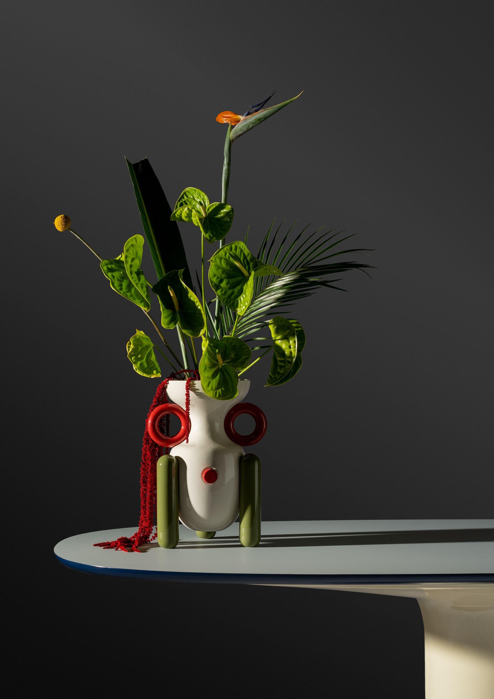 Spanish Contemporary Glazed Ceramic Explorer Vase No.2 by Jaime Haydon white, red, green For Sale