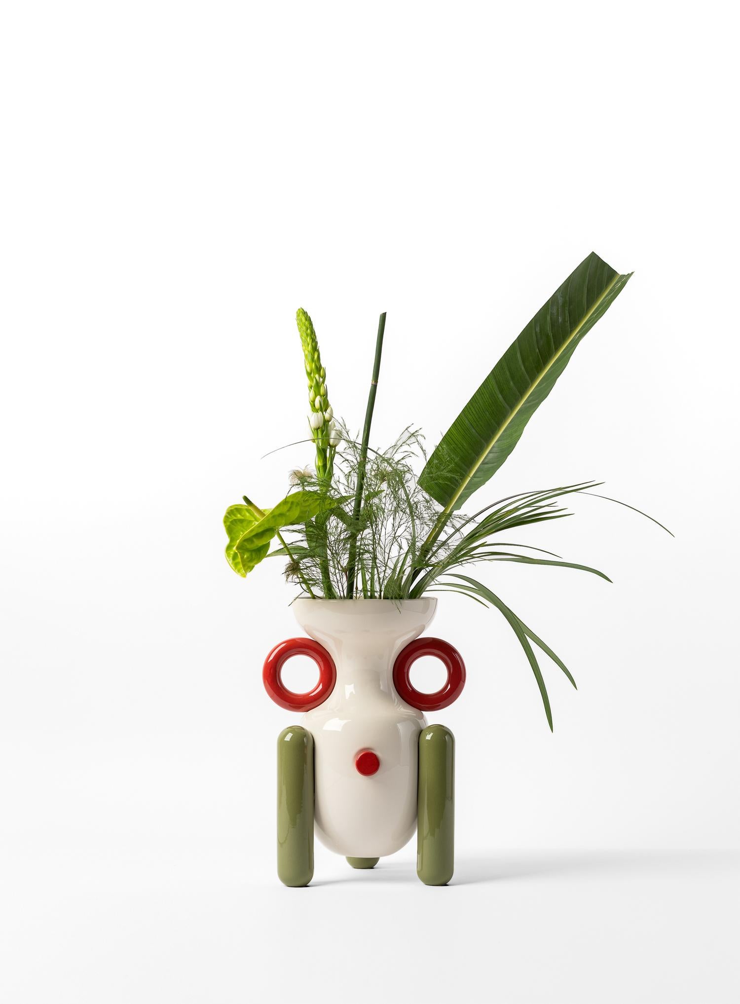 Contemporary Glazed Ceramic Explorer Vase No.2, white red green, by Jaime Hayon For Sale 1