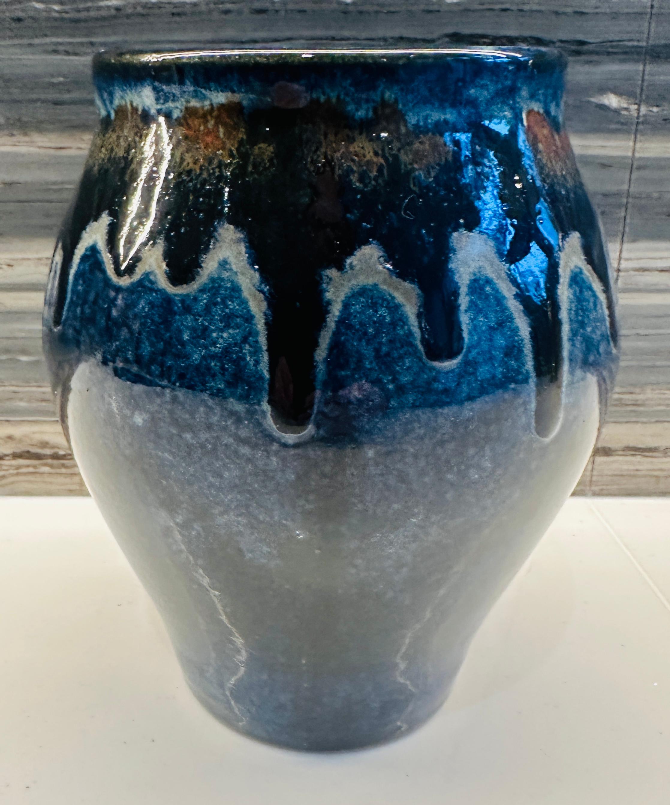 Contemporary Glazed Ceramic Mottled Blue Molten Rustic Pottery Vase by FD21 Clay In New Condition In London, England