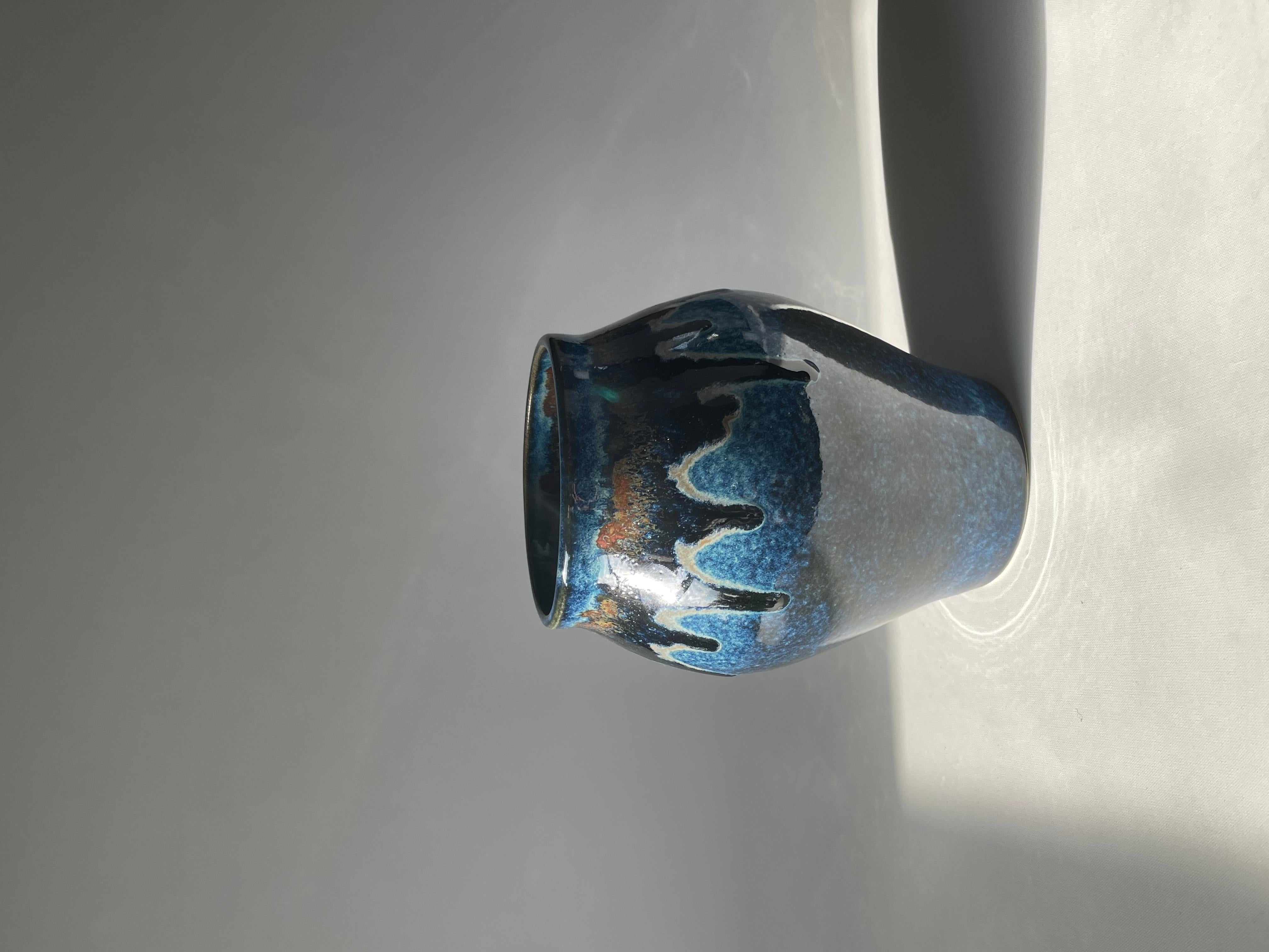 Contemporary Glazed Ceramic Mottled Blue Molten Rustic Pottery Vase by FD21 Clay 1