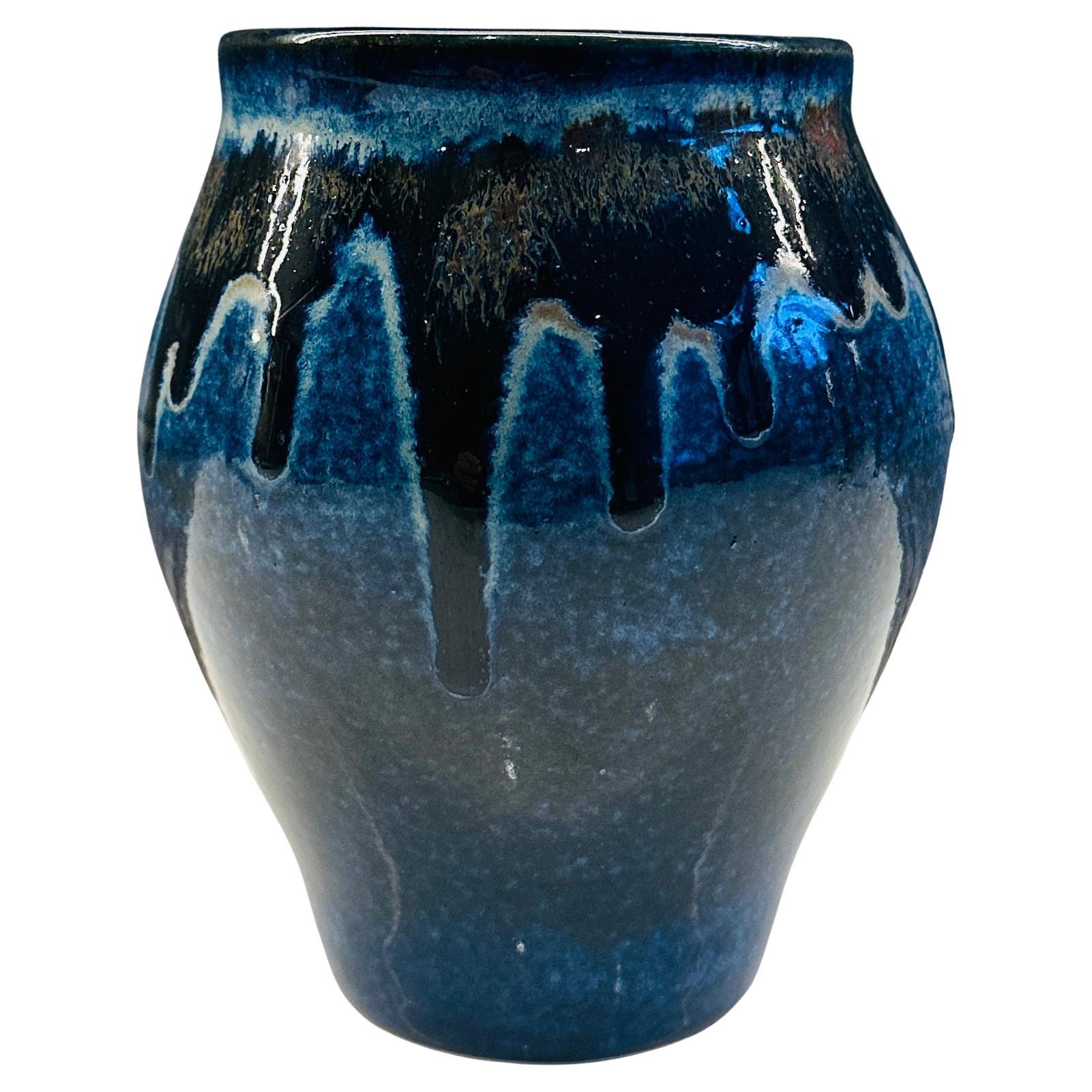 Contemporary Glazed Ceramic Mottled Blue Molten Rustic Pottery Vase by FD21 Clay