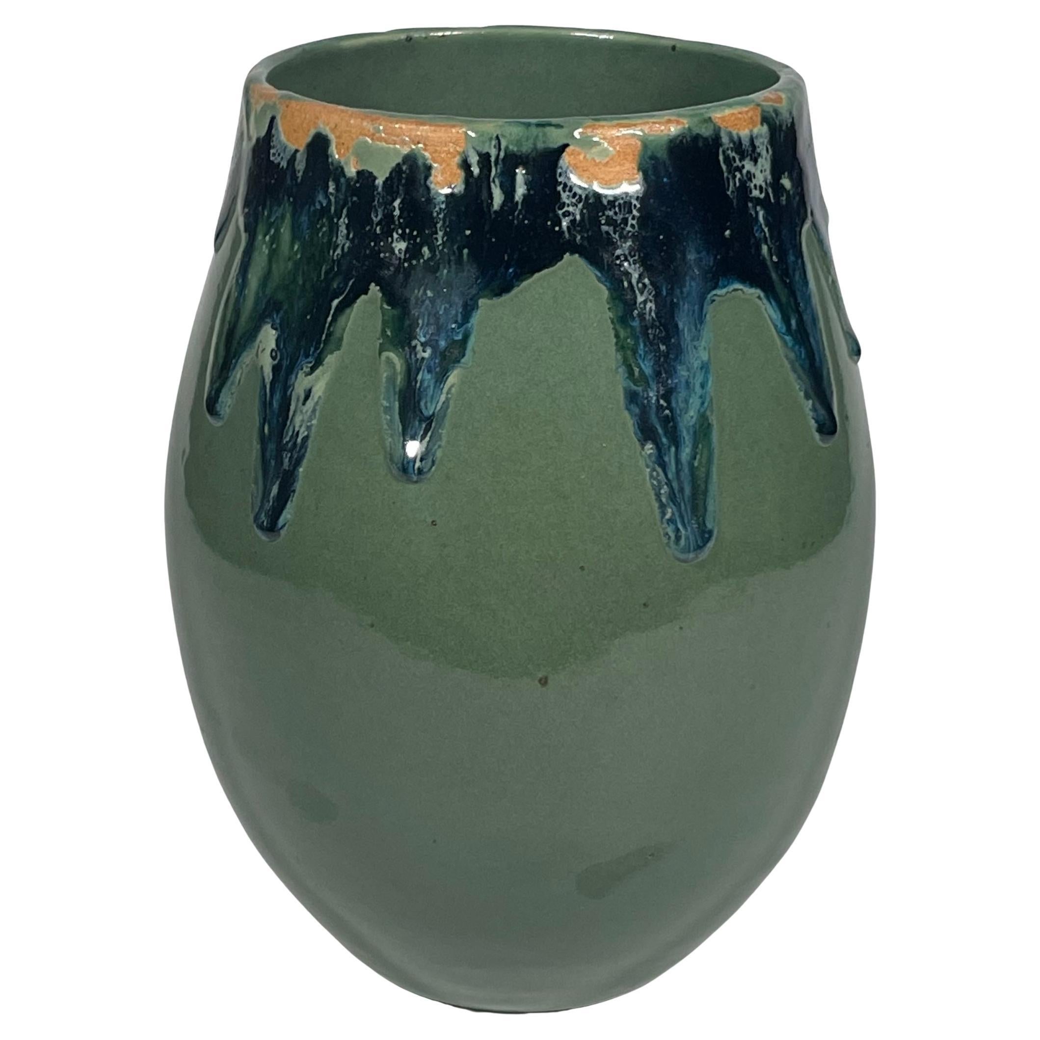 Contemporary Glazed Ceramic Rustic Green & Blue Pottery Vase by FD21 Clay