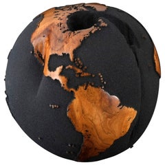 Contemporary Globe in Teak Root with Volcanic Sand and Natural Holes