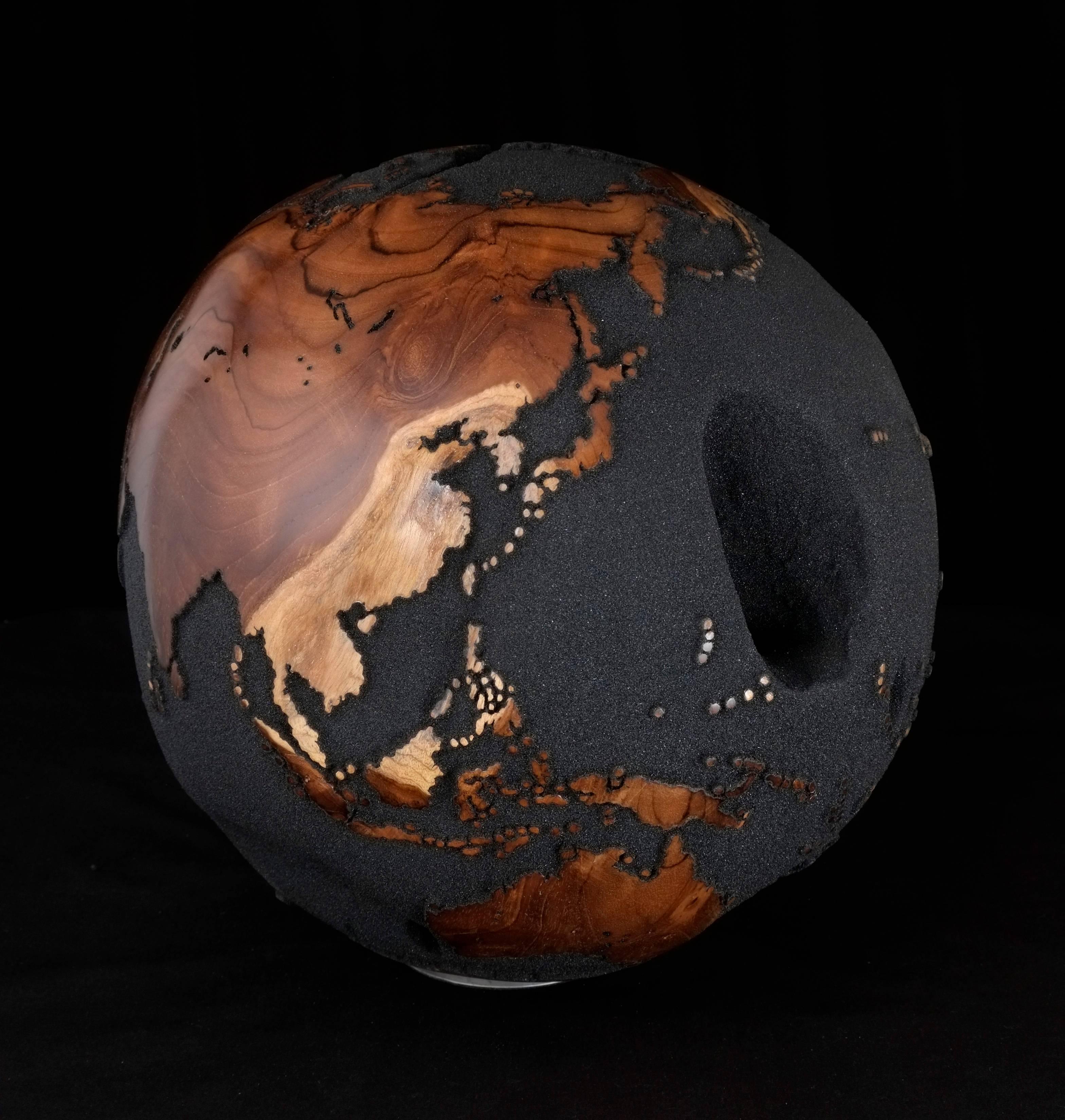 Organic Modern Contemporary Globe in Teak Root with Volcanic Sand and Natural Holes, 30cm