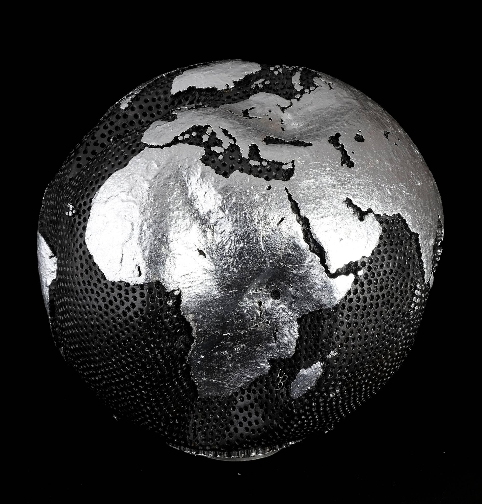 Organic Modern Contemporary Globe with Silver Hammered Holes and Graphite Finish, 30cm