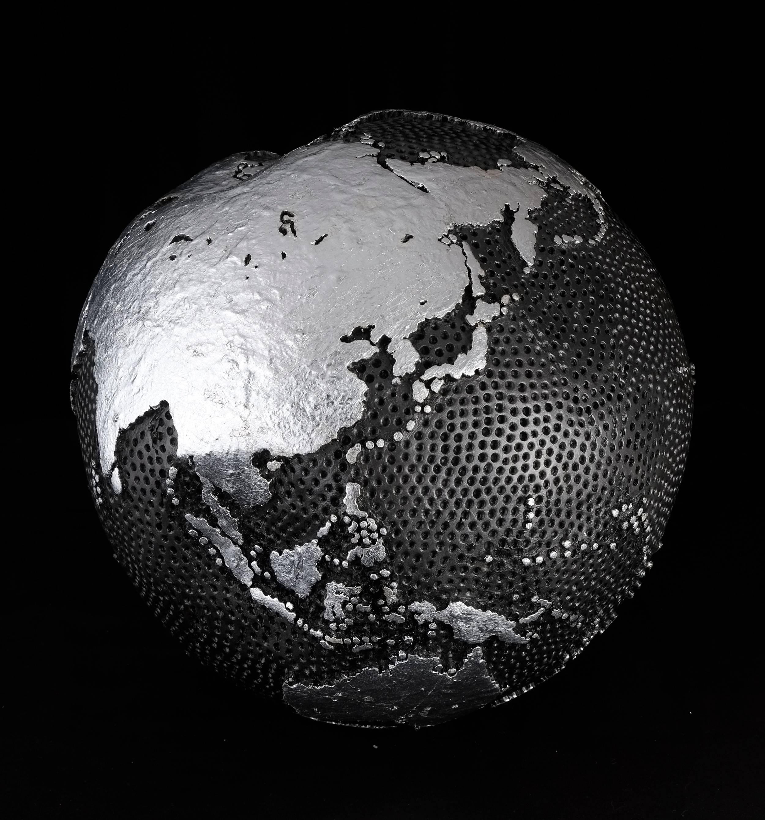 Appliqué Contemporary Globe with Silver Hammered Holes and Graphite Finish, 30cm