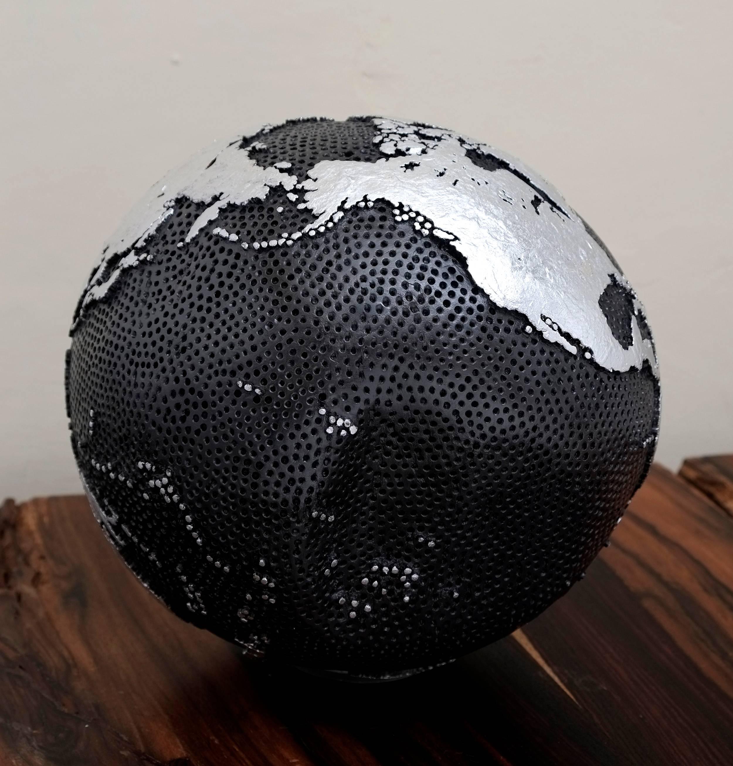 Silver Leaf Contemporary Globe with Silver Hammered Holes and Graphite Finish, 30cm