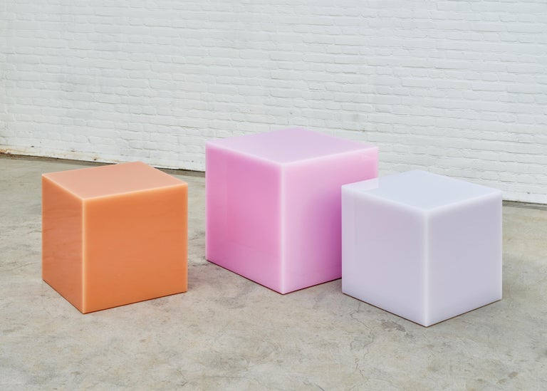 Modern Contemporary Glossy Resin Side Table, Candy Cube in Bubble Gum Pink For Sale