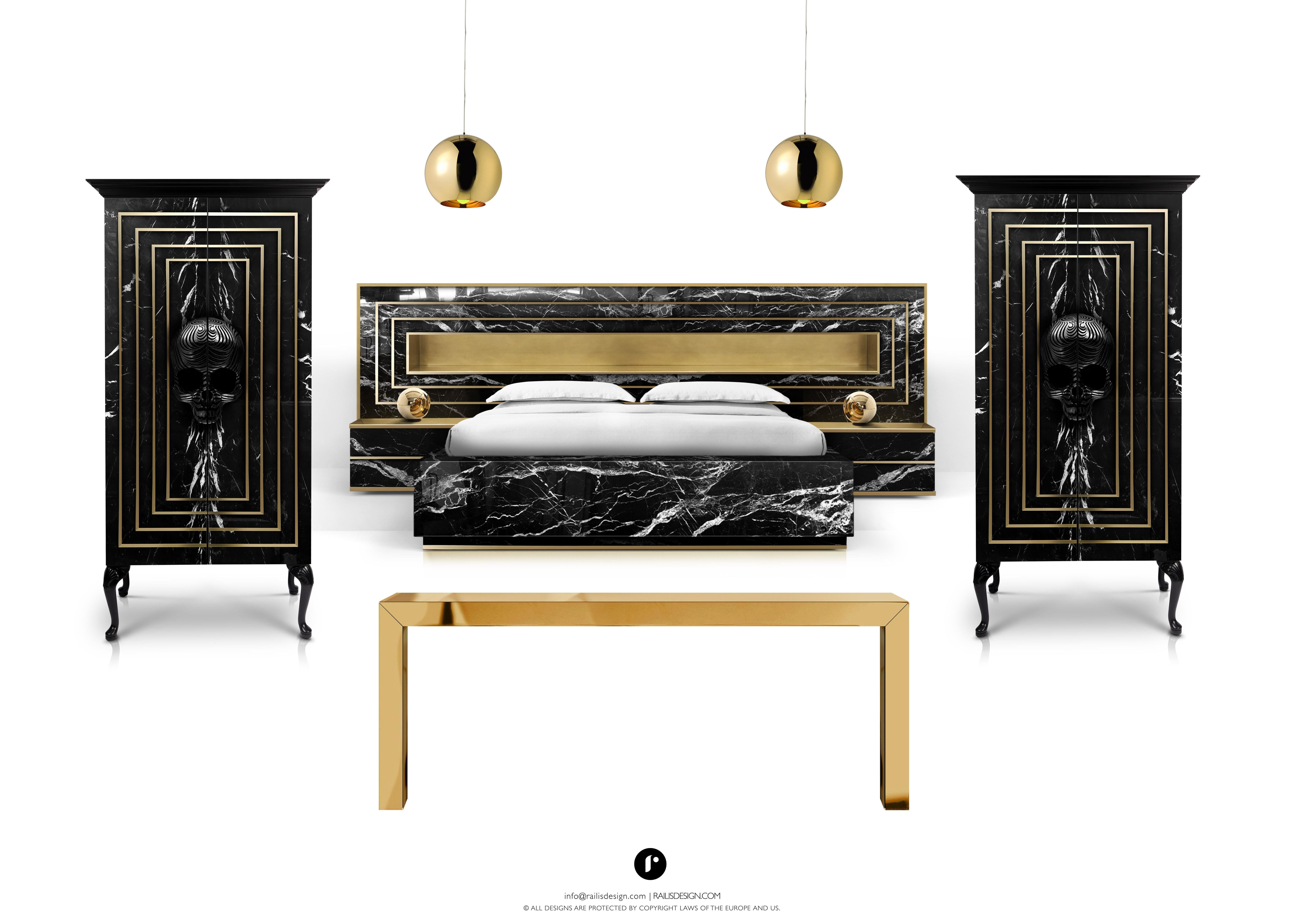 Moderno Letto Godafoss contemporaneo con comodini, Ottone, Letto in marmo in vendita