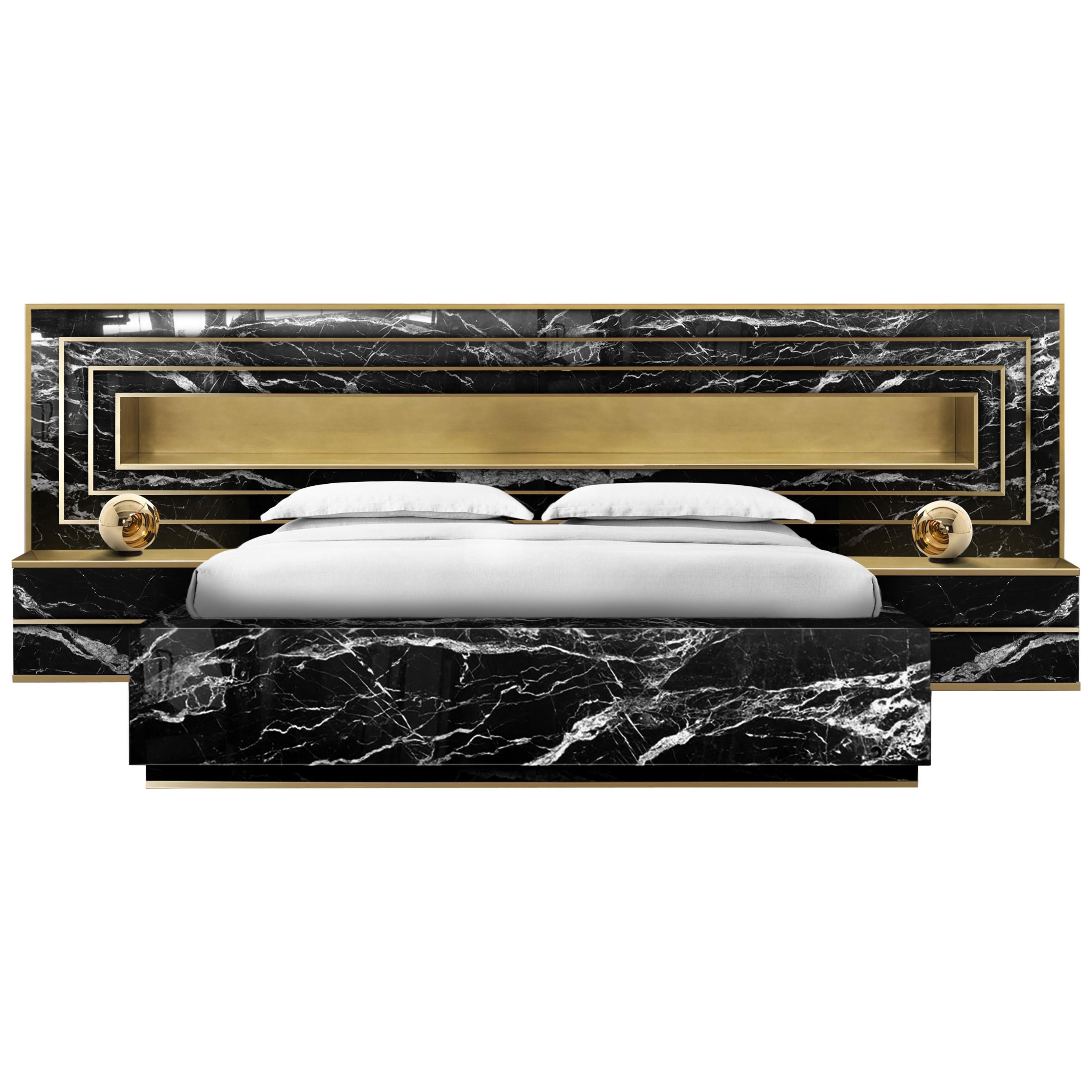 Contemporary Godafoss Bed with Nightstands, Brass, Marble bed