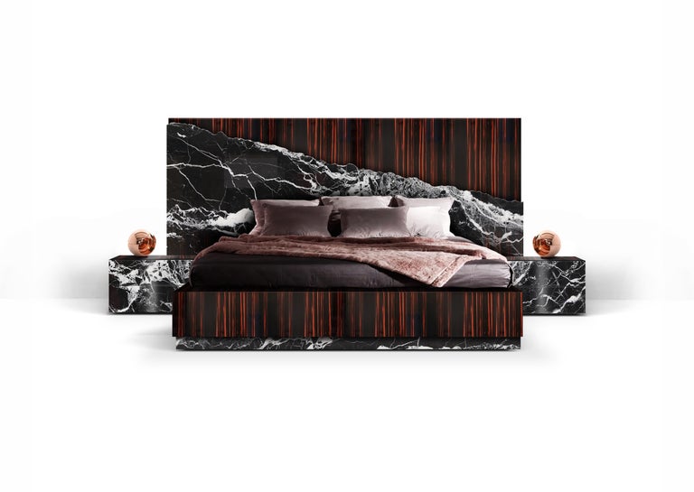 Contemporary Godafoss Marble, Bed Frame with Nightstands, Macassar