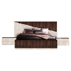 Contemporary Godafoss Pesca Onyx, Bed Frame with Nightstands, American Walnut