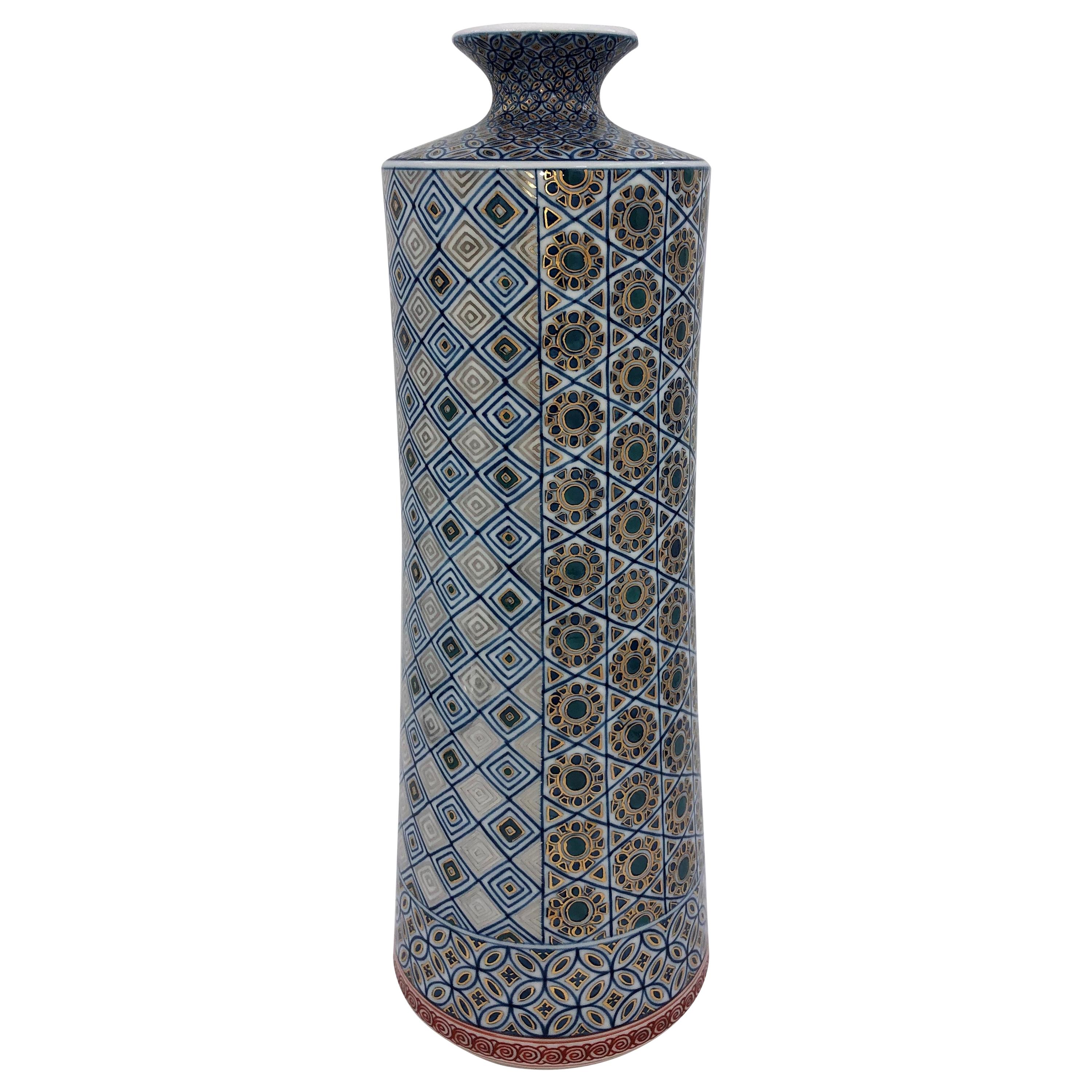 Gold Blue Porcelain Vase by Japanese Contemporary Master Artist For Sale