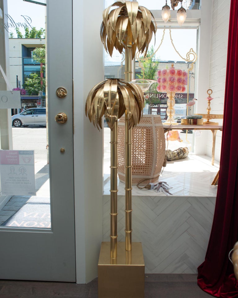 Contemporary Gold Brass Palm Tree Floor Lamp with Gold Base For Sale at