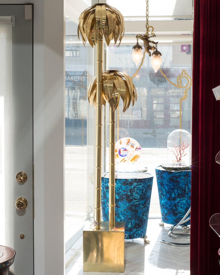 Contemporary Gold Brass Palm Tree Floor Lamp with Gold Base For Sale at