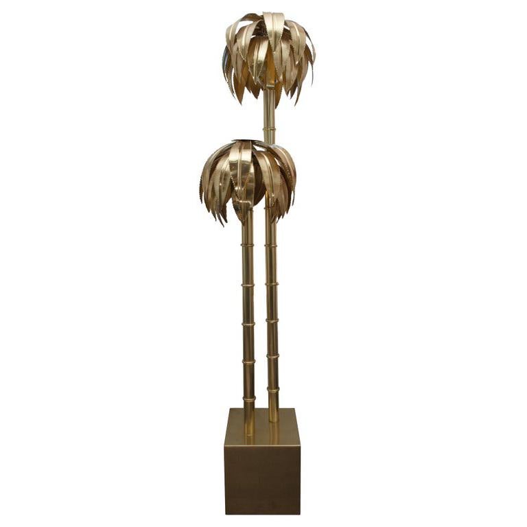 Contemporary Gold Brass Palm Tree Floor Lamp with Gold Base For Sale at