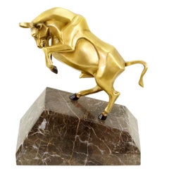 Contemporary Gold Bronze Charging Bull Sculpture on Marble Base