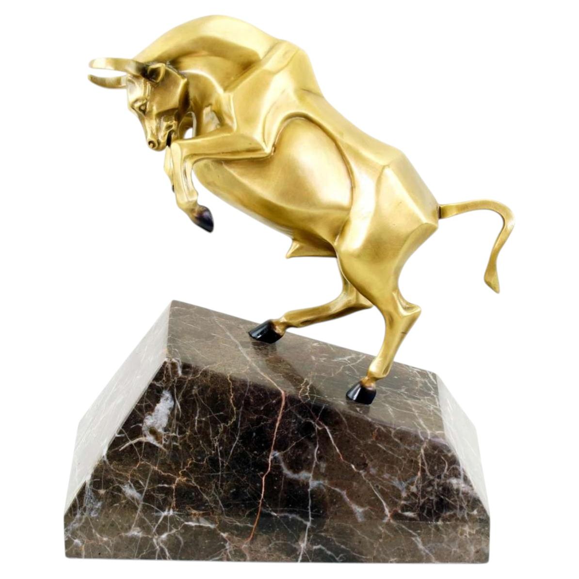 Contemporary Gold Bronze Charging Bull Sculpture on Marble Base