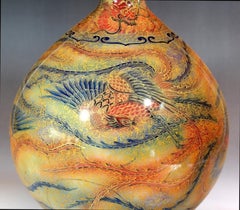 Japanese Contemporary Gold Green Red Porcelain Vase by Master Artist