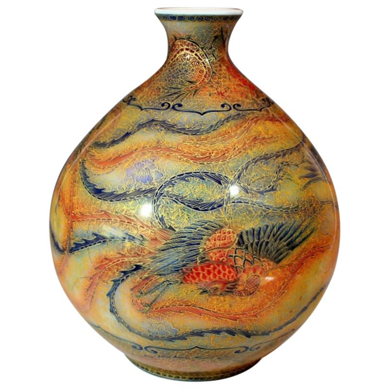 Japanese Contemporary Gold Green Red Porcelain Vase by Master Artist