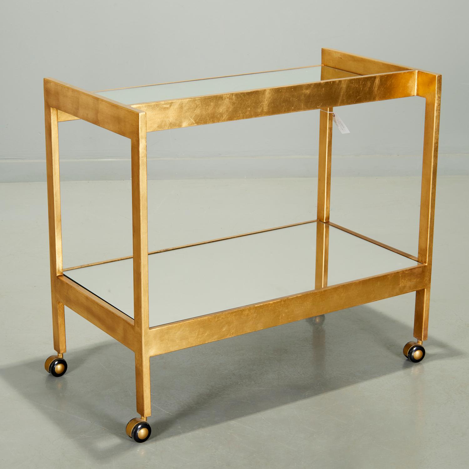 Contemporary Gold Leaf Bar Cart With Two Mirrored Shelves In Good Condition For Sale In Morristown, NJ