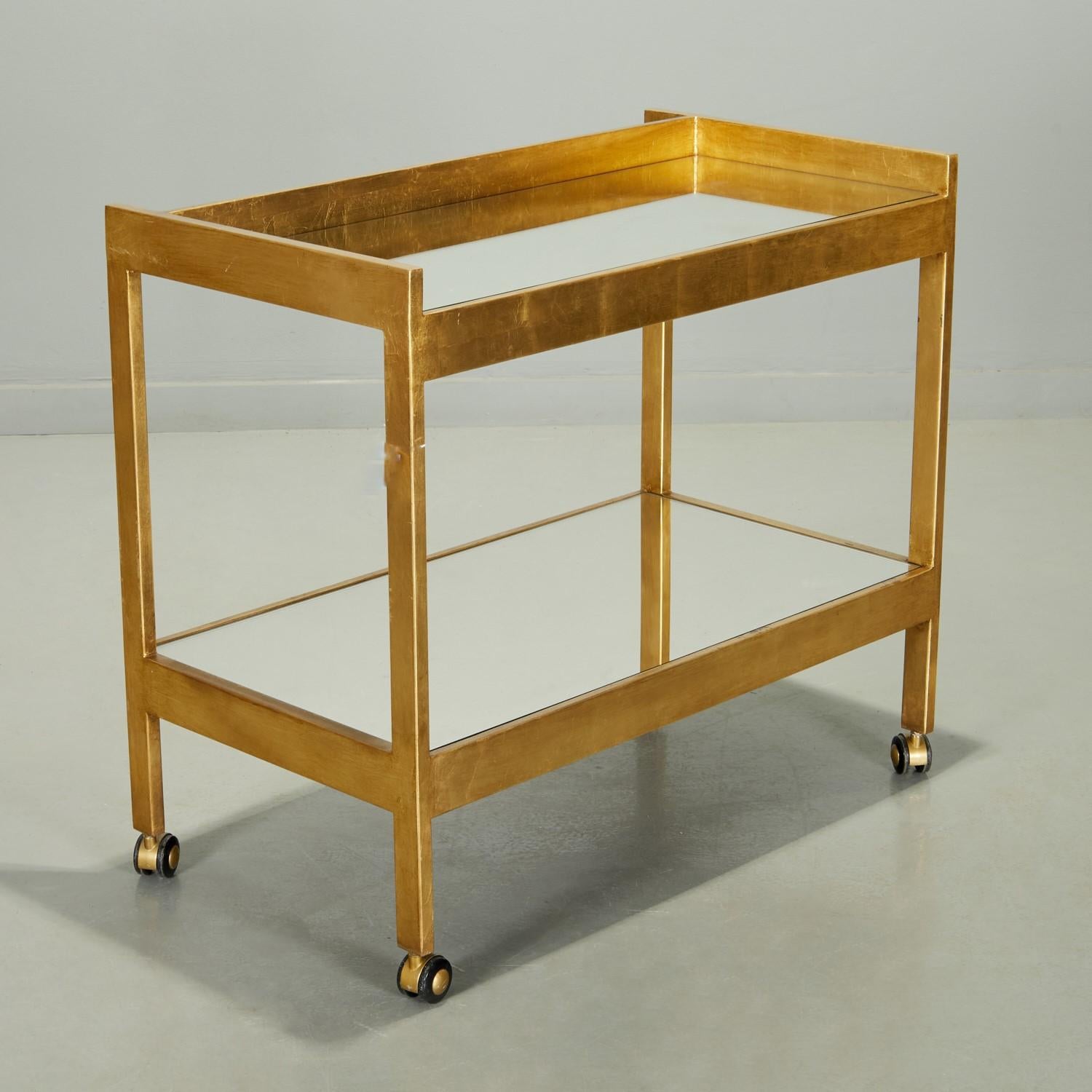 Metal Contemporary Gold Leaf Bar Cart With Two Mirrored Shelves For Sale