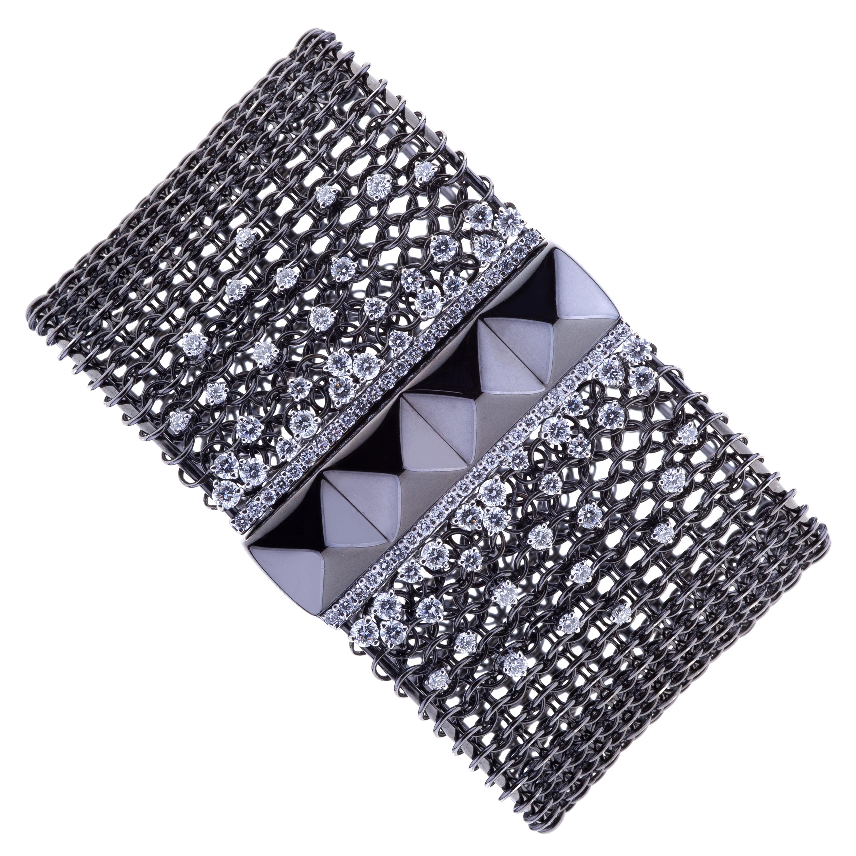 Contemporary Gold Mesh Band Bracelet Black with Ruthenium and Diamonds