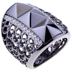 Bague en maille d'or contemporaine noire avec Ruthenium et diamants